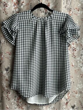 Ann Taylor Black and White Gingham Ruffle Sleeve Blouse